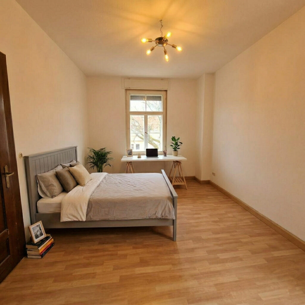 Zimmer mit Bett und Schreibtisch